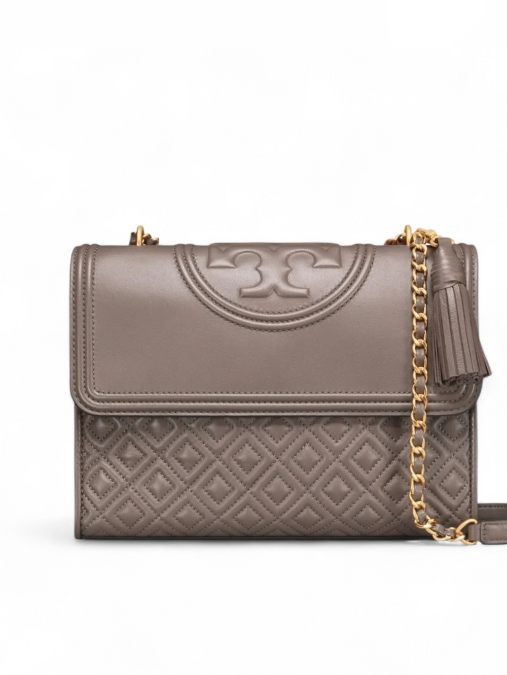 Tory Burch Fleming Silver Maple Taupe Leather Convetible Shoulder Bag